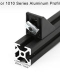 Close-up of a 20Pcs 1010 Aluminum Extrusion Corner Bracket with black finish, attached to a 1x1 inch 1010 aluminum profile for 10 Series rails.