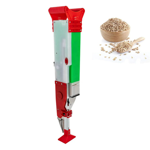 Adjustable Handheld Seeder Tool For Peanuts Corn And Beans with seed and fertilizer compartments, red and green design