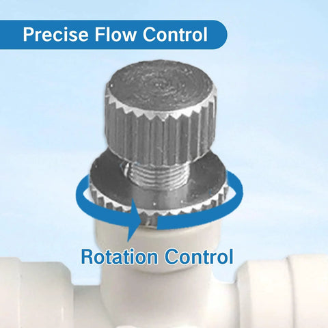 Close-up of 1/4-inch needle valve with knurled metal knob on a white plastic T-fitting