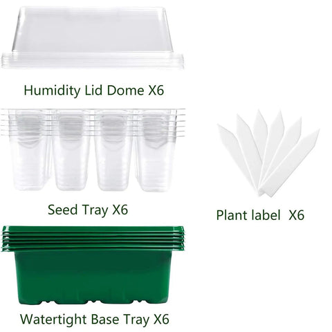 Components of Six Tray Seed Starter Kit With Adjustable Humidity Dome, 12 Cell Seedling Trays, Indoor Plant Germination Starter Set.