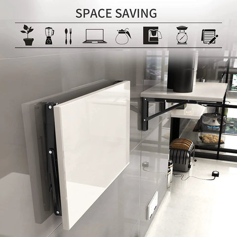 YUMORE 16-inch black folding shelf bracket mounted on wall, supporting a white shelf.
