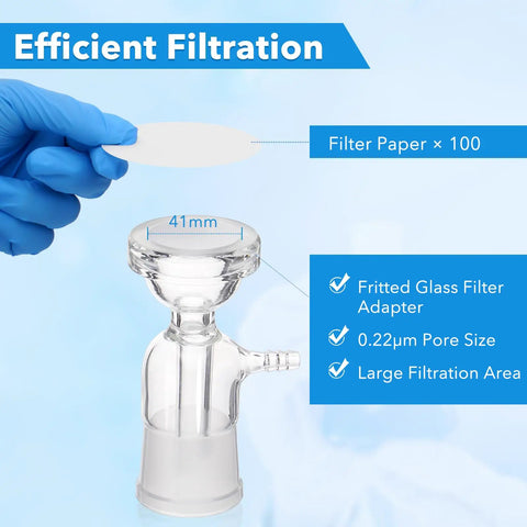 Pro Grade Lab Vacuum Filtration Distillation Apparatus Kit with filter paper beside borosilicate glass vacuum filtration setup