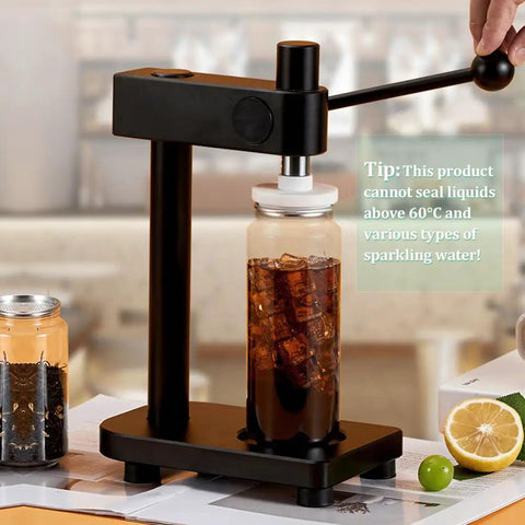 Heavy Duty Manual Can Sealer Machine for Aluminum and Plastic Cans on table with adjustable height cup sealing a jar of iced drink