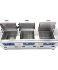 Heavy Duty 61L Three Tank Ultrasonic Cleaner With Hot Air Drying And Oil Skimmer For Industrial Metal Parts Cleaning System Rinsing Workstation 220V, stainless steel, top view of three basins.