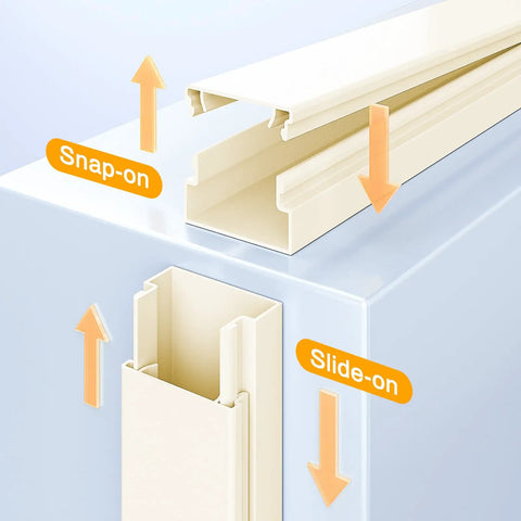 Cord Cover Wall Mount Kit 157In Beige Low Profile Cable Raceway Hider for TV Cables Wire Concealer showing snap-on and slide-on designs.