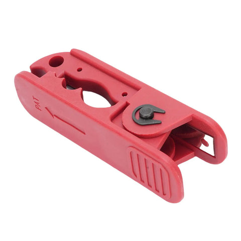 Fabater Professional Auto Adjusting Wire Stripper With Ergonomic Handle Crimping Tool showing red plastic body and sharp cutting edges.