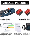 Heavy Duty Electric Strapping Gun Featuring Dual 4000mAh Batteries For Half To Five Eighth Inch PP PET Plastic Bands Locks Packages rock solid, accessories included.