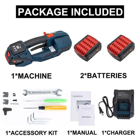 Heavy Duty Electric Strapping Gun Featuring Dual 4000mAh Batteries For Half To Five Eighth Inch PP PET Plastic Bands Locks Packages rock solid, accessories included.