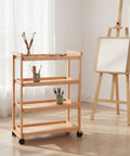 Rock Solid Beech Wood Art Material Cart Rolling Storage Organizer Trolley With Smooth Caster Wheels Three Tier Open Shelves with brushes