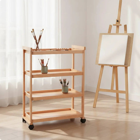 Heavy Duty Beech Wood Art Cart For Painters And Crafters, smooth rolling multi tier storage trolley with brushes and paints.