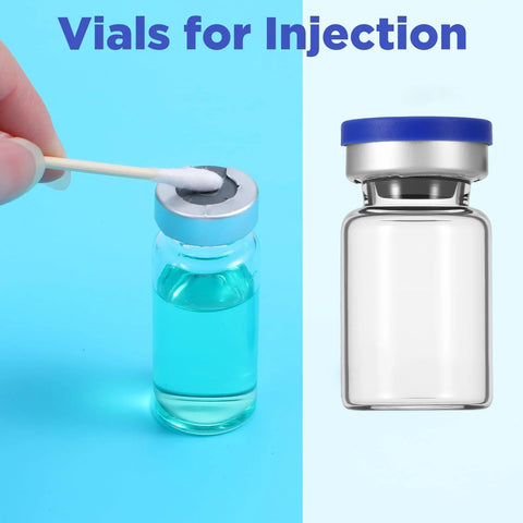 Sibba 5ml glass injection vials with blue caps; left shows open cap with cotton swab, right shows sealed vial