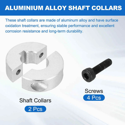 Two Pack Shaft Collar Set With Half Inch Bore Built Tough Heavy Duty Double Split Design One And Three Sixteenths Inch Outer Diameter Three Eighths Inch Thick Aluminum Clamping Style Locking Collars For CNC Machines, Conveyors, And Machinery, with 4 screws
