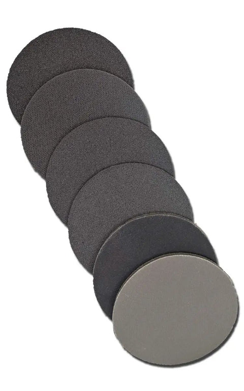 Stack of 6 grey Bowling Ball Sanding Pads 6 Pack All Grits 500 1000 1500 2000 3000 5000 Resurfacing Set for surface management