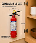 ABC Fire Extinguisher For Home Base With Patent Pending Easy Press Handle That Skips The Pin Drama, 2.5 Lb Unit mounted in a cabinet.