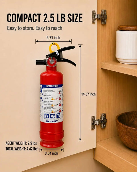 ABC Fire Extinguisher For Home Base With Patent Pending Easy Press Handle That Skips The Pin Drama, 2.5 Lb Unit mounted in a cabinet.