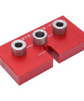 Top Shelf Wood Doweling Jig Drill Kit With Spot On Scaling Ruler And Rugged Aluminum Frame For Hassle Free Furniture Joinery And Cabinet Refinishing Projects Built Damn Tough And Ready For Work Red, featuring bushings and aluminum frame.