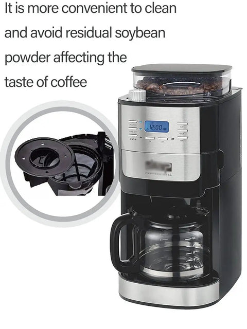 Solid Automatic Coffee Brewer With Built In Grinder And Sealed Bean Hopper Programmable Delay Timer showing sleek design and storage.