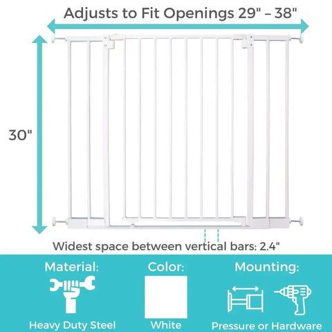 Ninja Level Heavy Duty Auto Close Baby Gate Featuring Hella Low Half Inch Threshold, 30 inch tall, white steel, adjustable 29 to 38 inches wide.