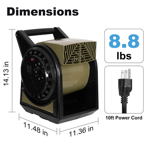 Dimensions of Beast High Velocity 450 CFM Fan With 3 Speed Settings 120V Air Mover, shown with 10ft power cord and 8.8 lbs weight.