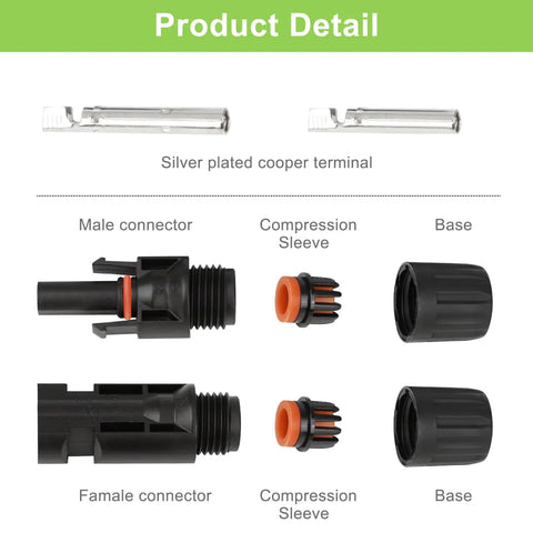Solar MC4 Connector Kit With 30 Pairs And 60 Pieces Waterproof IP67 1000V 30A Male And Female Connectors, Parts Detailed View