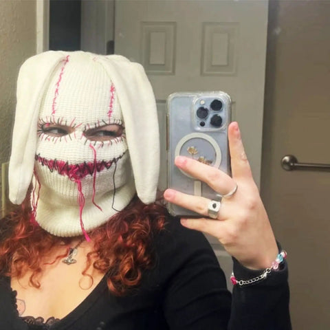 Distressed Balaclava Face Mask With Halloween Spooky Style Dope, Funny Scary Knit Full Face Ski Mask worn in mirror selfie