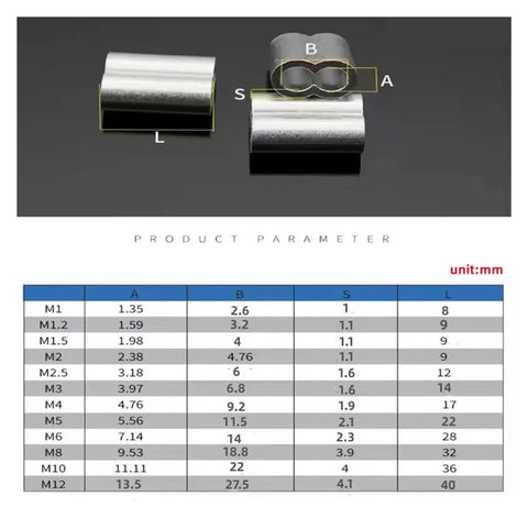 Heavy Duty Aluminum Wire Rope Ferrules With Double Hole Oval Shape For Bulletproof Cable Fastening and Slick Pipe Clamps, sizes and dimensions displayed.
