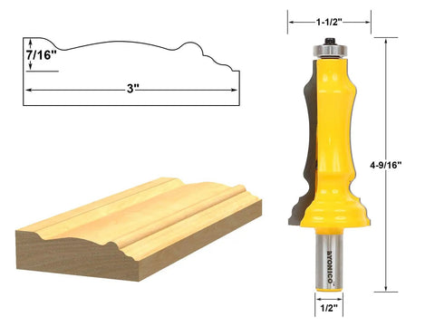 3-Inch Door And Window Casing Router Bit With Half-Inch Shank Premium C3 Micro-Grain Tungsten Carbide next to wood profile