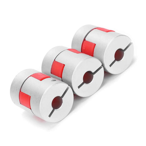 Top Notch Kuuleyn 3Pcs Helical Beam Shaft Coupling Set Made From Hardened Aluminum Alloy For Motor And Ball Screw Kits With Secure Tightening Fit And Super Durable Performance That Slams It Together. 3 aluminum shaft couplings with red inserts, front view