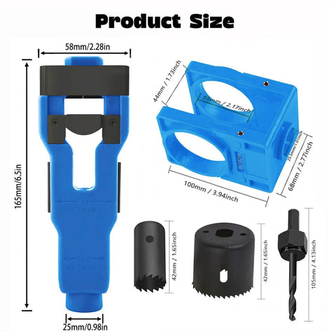 Get That Mortise Done Fast With This Premium Door Lock Installation Kit Featuring Auto Positioning For Precise Scoring And Chiseling On Wooden Doors To Make Your Job Easier. Blue ABS door mortise kit with 25mm and 58mm sizes, steel bits and hole saws