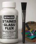 8oz Liquid Solder Flux for Stained Glass Soldering Supplies and Electrical Repairs, water-based formula, bottle and brush visible