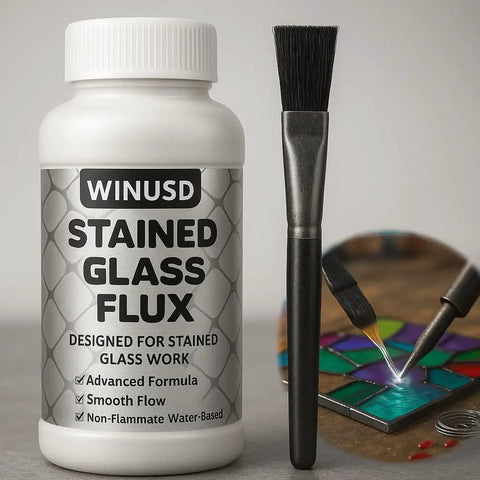 8oz Liquid Solder Flux for Stained Glass Soldering Supplies and Electrical Repairs, water-based formula, bottle and brush visible