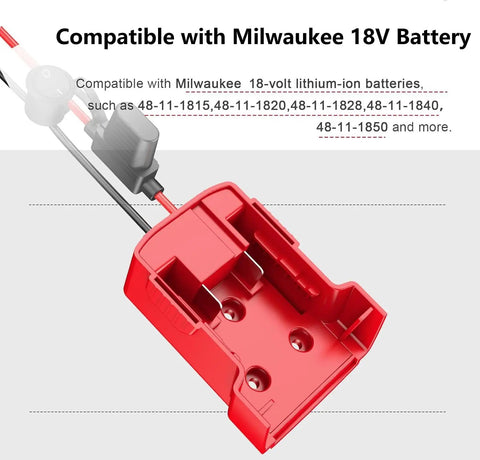 Two Pack Power Wheel Adapter For Milwaukee 18V Battery showing red adapter with fuse and wires