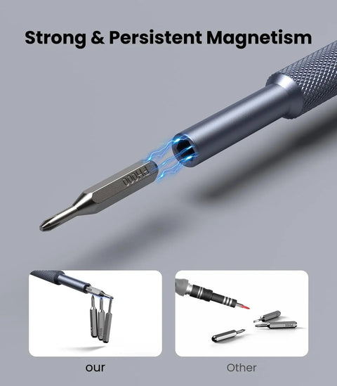 Close-up of 50 In 1 Precision Screwdriver Set for Electronics showcasing magnetic tip with bits attached for various repairs.