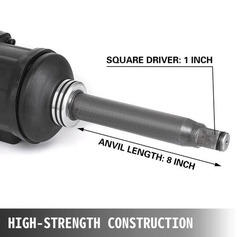 1 Inch Pneumatic Air Impact Wrench Heavy Duty Muscle Knocks Loose Rusty Nuts Quick With 5800 Nm Max Torque And 4000 Rpm Motor showing square drive and anvil length.