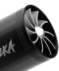 Close-up of Turbocharged Turbonator Air Intake Fan for Cars and Trucks, showing silver blades and black housing, universal fit