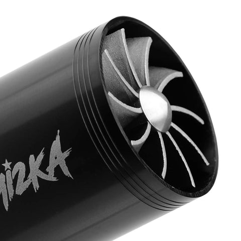Close-up of Turbocharged Turbonator Air Intake Fan for Cars and Trucks, showing silver blades and black housing, universal fit