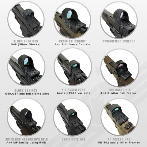 Nine different Glock models with red dot sights using Red Dot Mount Screw Mega Pack with 48 Pcs M3 And M4 Screws. Fits Glocks G43 G48.