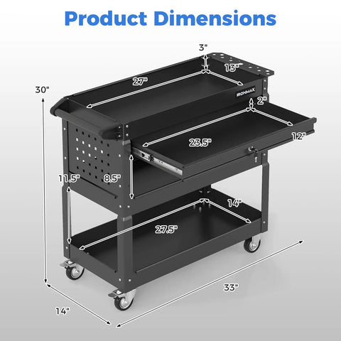 Product dimensions of 3 Tier Rolling Tool Cart With Lockable Drawer And Pegboard Hooks, Built Tough Heavy Duty Metal Utility Cart On Wheels For Garage, Workshop And Warehouse Organization, 33 x 14 x 30 in