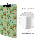 Kawaii Print Acrylic Clipboard For Workday Vibes, Thick Clear Clipboard Fits Letter Size Papers, Hanging Hole Office Supply For Home Office, School, And Warehouse Use, Durable Desk Accessory frog print acrylic clipboard with top clip, round edges, for letter-size papers