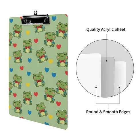 Kawaii Print Acrylic Clipboard For Workday Vibes, Thick Clear Clipboard Fits Letter Size Papers, Hanging Hole Office Supply For Home Office, School, And Warehouse Use, Durable Desk Accessory frog print acrylic clipboard with top clip, round edges, for letter-size papers