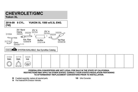 Diagram of Chevrolet GMC Yukon XL exhaust system showing part numbers and converter info, including emission regulations.