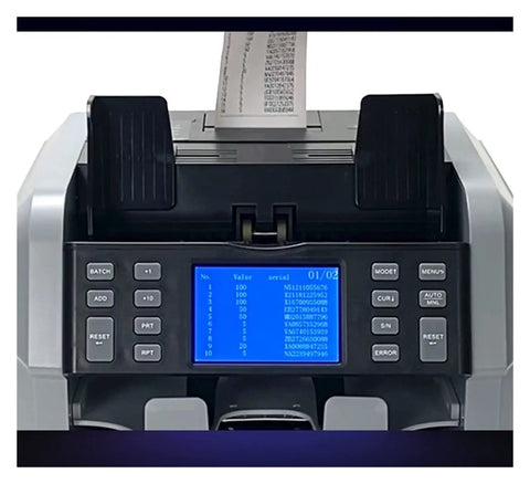 Top Shelf Touchscreen Money Counter With Breakneck Bill Counting Speed Multi Currency Sorting Capability Integrated Receipt Printer display showing transaction details.