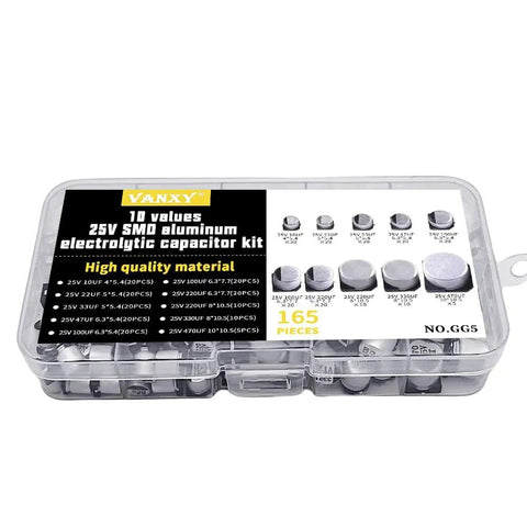 Totally DIY Friendly 165 Piece 25V SMD Aluminum Electrolytic Capacitor Kit With 10 Values From 10uF To 470uF For PCB Builds And Repairs