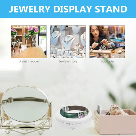 Romisbaba Electric Rotating Jewelry Display Stand For Bracelets Watches With Motorized Turntable And Cool LED Lighting in a boutique setting.