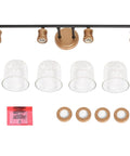 Modern Black And Gold Vanity Lights Over Mirror components including four sockets, clear glass shades, and mounting hardware displayed.