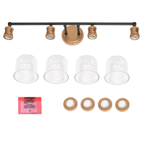 Modern Black And Gold Vanity Lights Over Mirror components including four sockets, clear glass shades, and mounting hardware displayed.