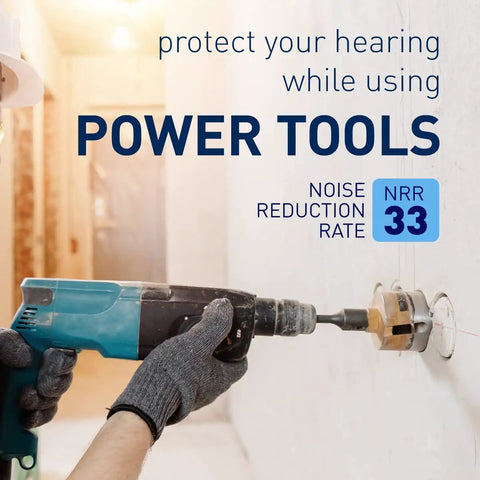 Person using power tools with text about hearing protection and NRR 33 Foam Ear Plugs for Sleep, Travel, and Work, 70 Pairs