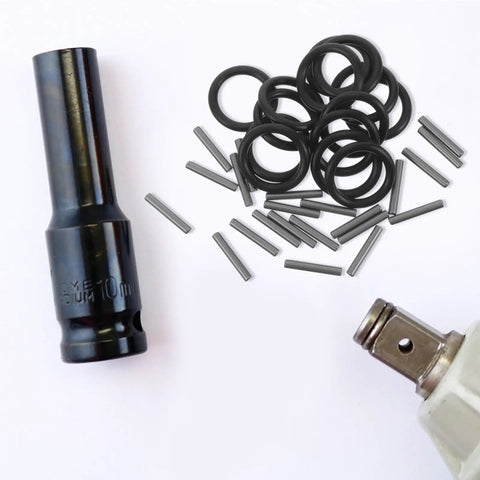 Premium 50 Pc Rubber Retaining Rings For Wrench Socket Pins That Lock Screws Tight, Black rubber circlips and metal pins on white background.