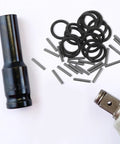 Heavy Duty Rubber Retaining Rings And Fastener Pins For Electric Wrench Socket Replacement 50 Set with black rubber rings and metal pins.