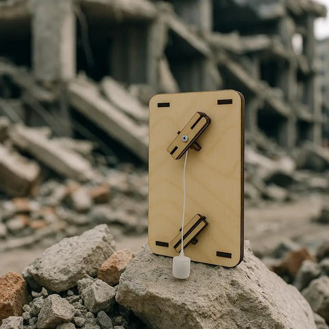 Build Your Own Wind Car Periscope Telegraph Earthquake Alarm And More With This Totally Buildable 5 In 1 Wood Craft Kit For Hands On Physics And Motion Discovery That Feels Like A Real Lab Project For Curious Kids wooden earthquake alarm on rubble